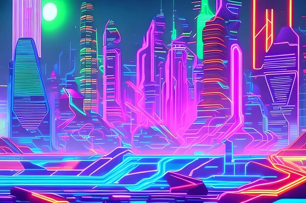 Uno sfondo astratto di luce al neon futuristico paesaggio urbano con imponenti grattacieli veicoli volanti e ...