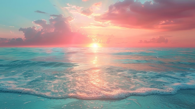 Uno sfondo astratto di luce solare sfocata su una spiaggia incorniciata da un cielo al tramonto d'autunno è un concetto di vacanza estiva