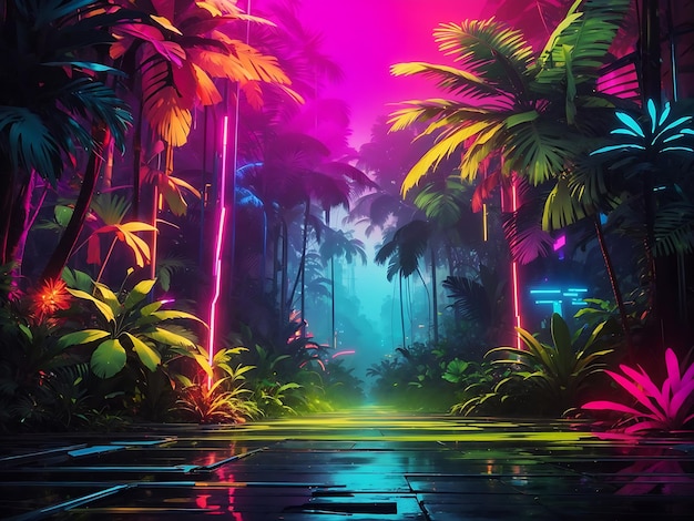 uno sfondo astratto vibrante che fonde elementi di una giungla con sfumature elettriche e al neon