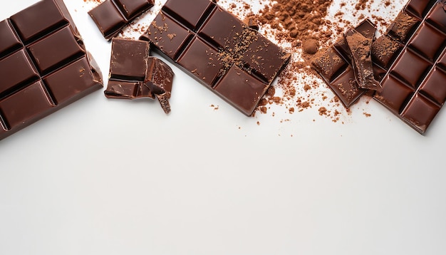 Uno sfondo bianco con barrette di cioccolato e pezzi di cioccolato