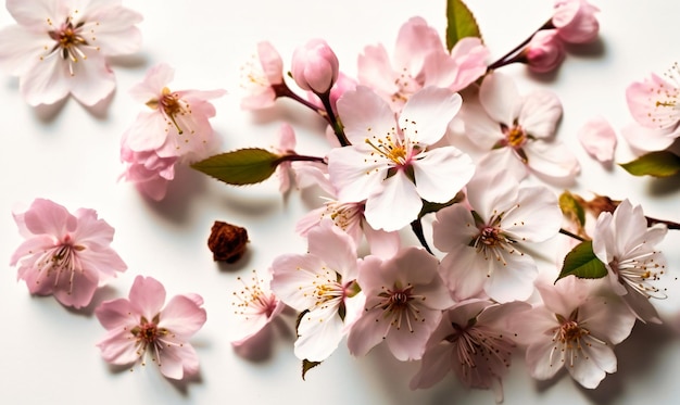 Uno sfondo bianco con fiori e foglie rosa e bianchi