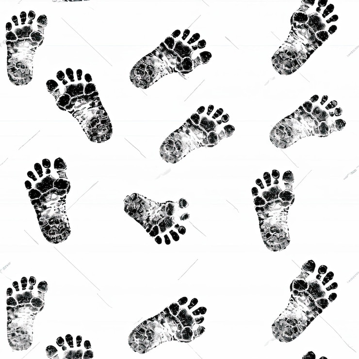 Foto uno sfondo bianco con impronte nere e una stampa in bianco e nero di un'impronta di un piede