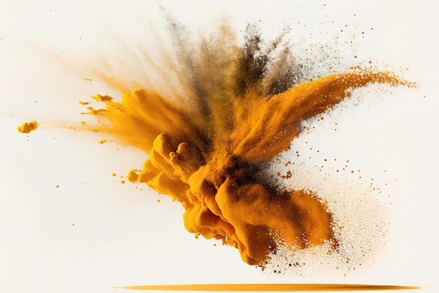 Uno sfondo bianco con un'esplosione di vibrante polvere arancione che crea una scena dinamica ed energica Generative of AI