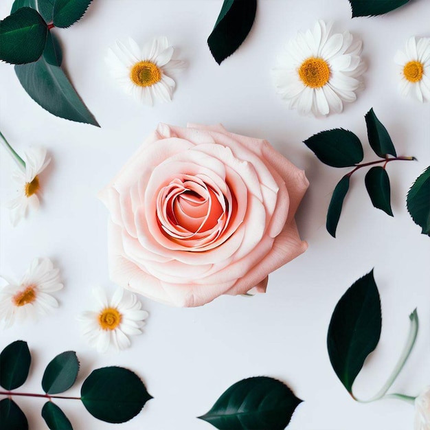 Uno sfondo bianco con una rosa rosa e fiori bianchi.