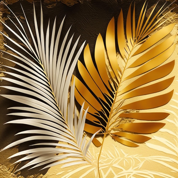 Uno sfondo bianco e oro con foglie di palma e un bordo dorato.