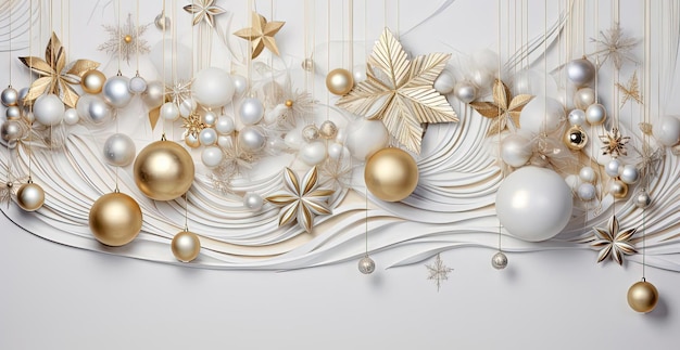uno sfondo bianco e oro con ornamenti natalizi