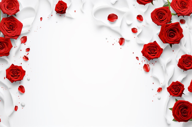 Uno sfondo bianco puro con rose rosse sparse sul fondo bianco e uno sfondo sfocato