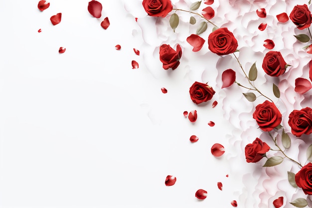 Uno sfondo bianco puro con rose rosse sparse sul fondo bianco e uno sfondo sfocato