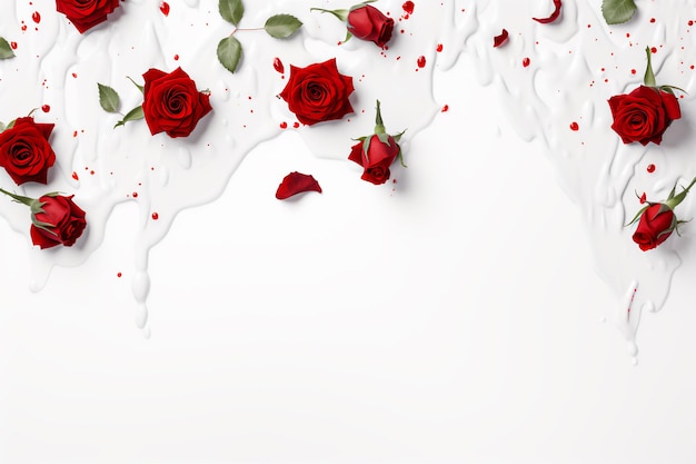 Uno sfondo bianco puro con rose rosse sparse sul fondo bianco e uno sfondo sfocato