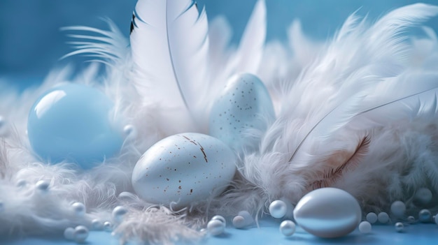 Uno sfondo blu brillante con una piuma bianca e uova nello stile di pastelli morbidi e sognanti effetti di luce scintillanti immagini ispirate alla natura generate ai