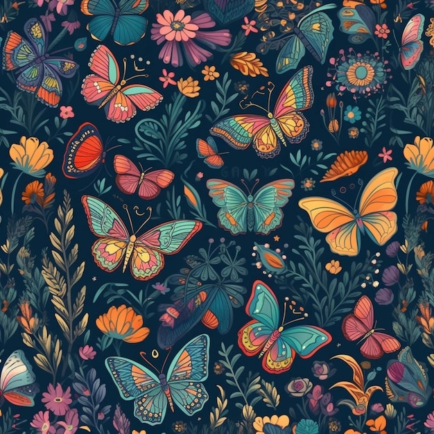 Uno sfondo blu con farfalle colorate e fiori generativi ai