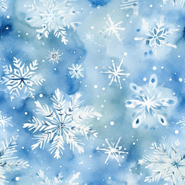 Uno sfondo blu con fiocchi di neve e fiocchi di neve.