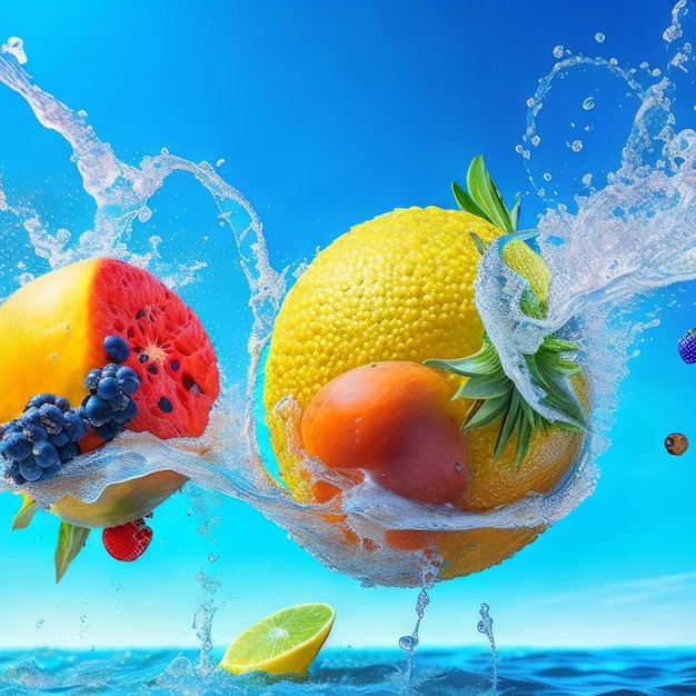 Uno sfondo blu con frutta e spruzzi d'acqua intorno ad esso