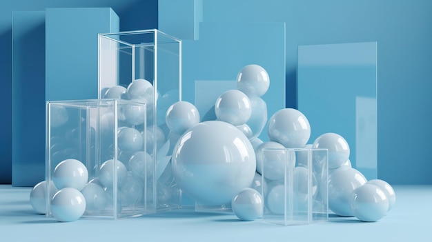 Uno sfondo blu con palline e cubi bianchi.