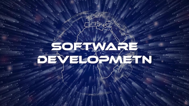Uno sfondo blu con un globo e le parole metriche di sviluppo software.
