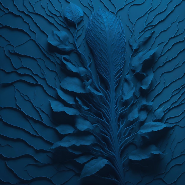 Uno sfondo blu con un motivo a foglie.