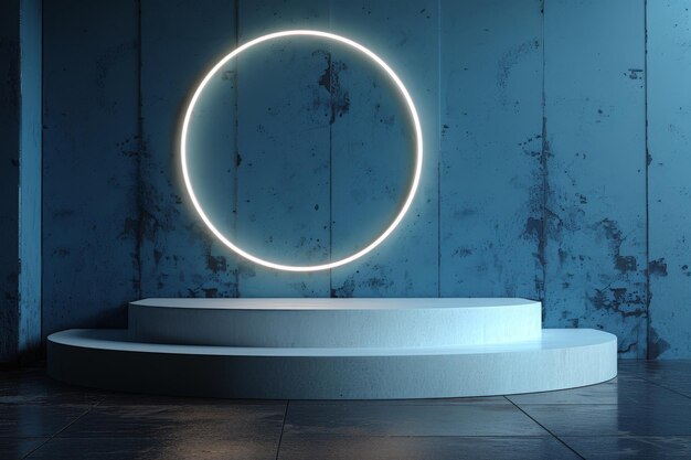 Uno sfondo blu con un podio vuoto Un piedistallo di esposizione con un cerchio al neon Uno spazio vuoto dove il vostro prodotto potrebbe essere esposto