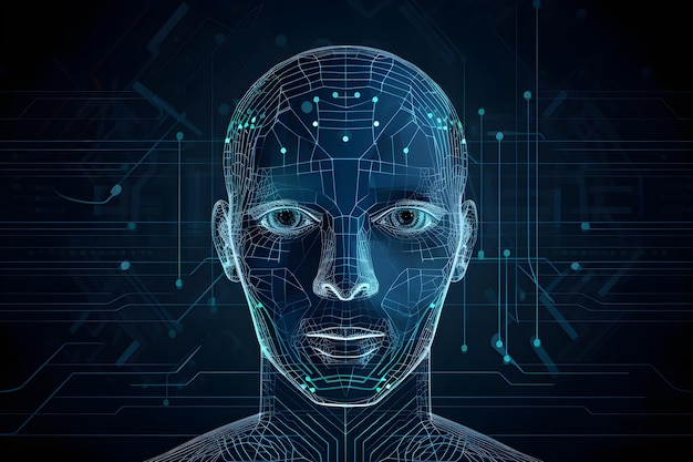 Uno sfondo blu con un volto fatto di tecnologia e il volto di una persona.