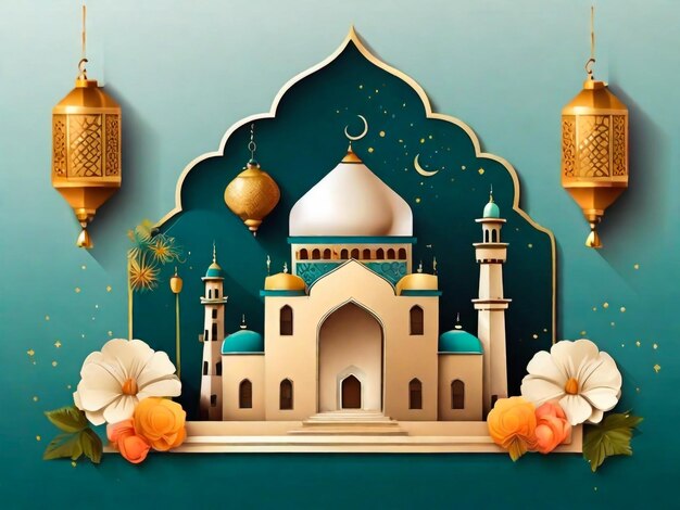 uno sfondo blu con una moschea e una moschea su di esso