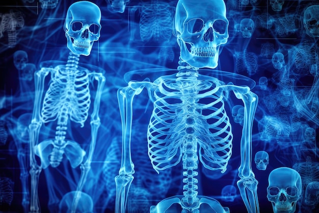 Uno sfondo blu con uno scheletro e la parola scheletro su di esso