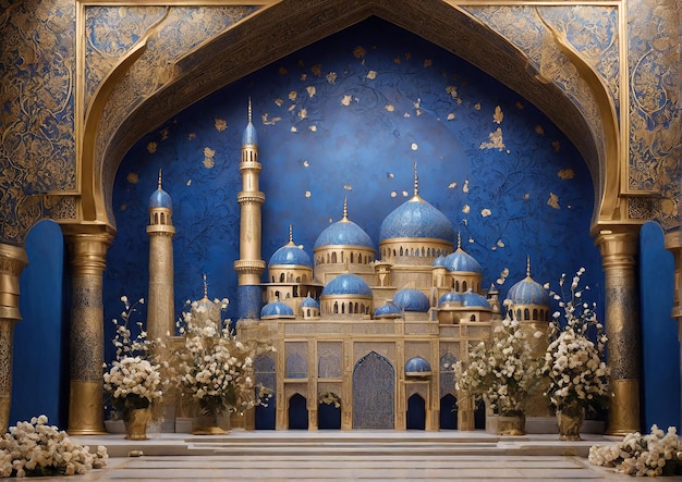 Uno sfondo blu e oro sontuoso con eleganti disegni floreali e una moschea splendida