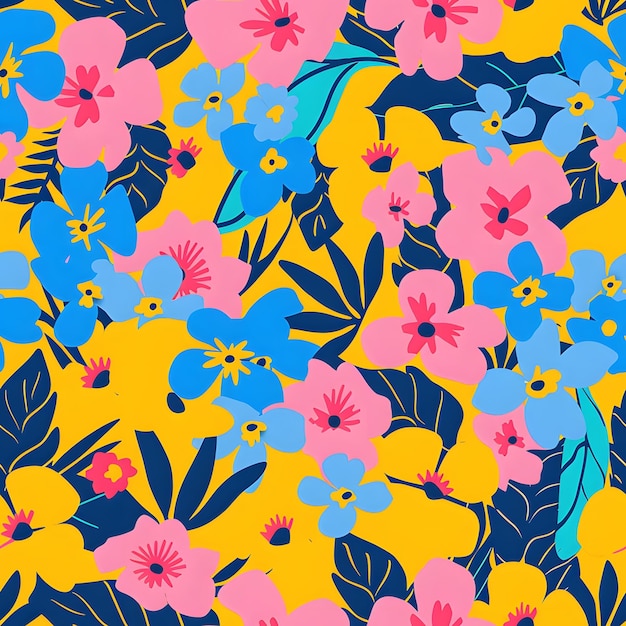 uno sfondo colorato con fiori e foglie e un fiore blu