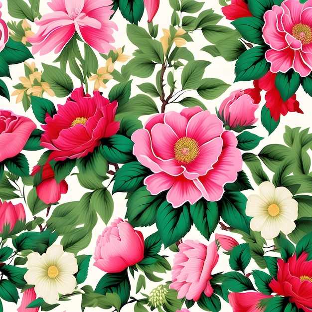 uno sfondo colorato con fiori e foglie e un fiore rosa