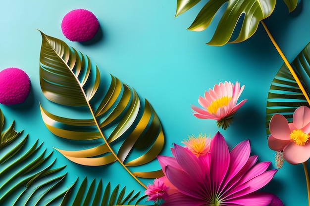Uno sfondo colorato con foglie e fiori tropicali.