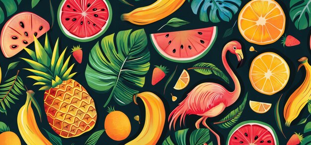 uno sfondo colorato con frutti tropicali e frutta tropicale