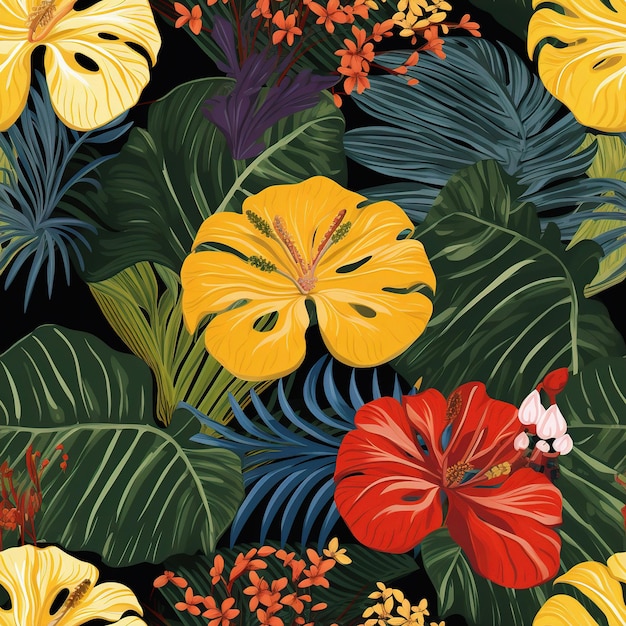 Uno sfondo colorato con piante e fiori tropicali.
