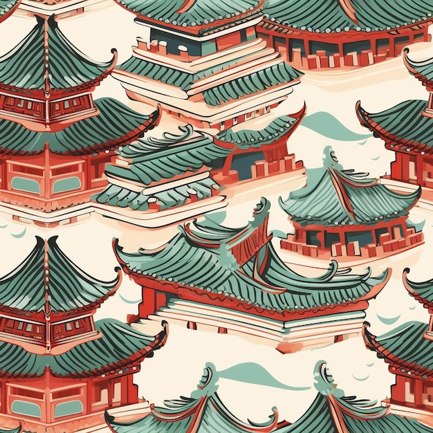 Uno sfondo colorato con tetti cinesi e tetti cinesi.