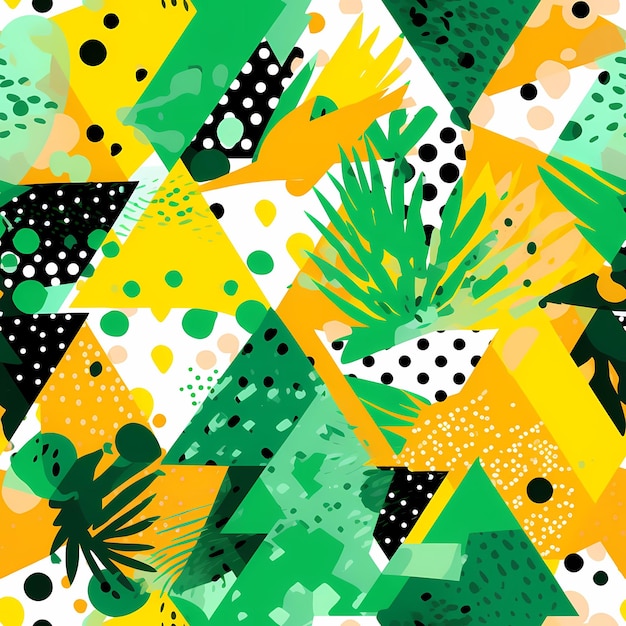 Uno sfondo colorato con un disegno di piante tropicali e uno sfondo giallo e verde.