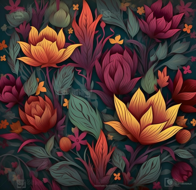 Uno sfondo colorato con un motivo di fiori e foglie.