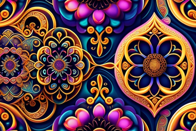 Uno sfondo colorato con un motivo di fiori e le parole orientali su di esso