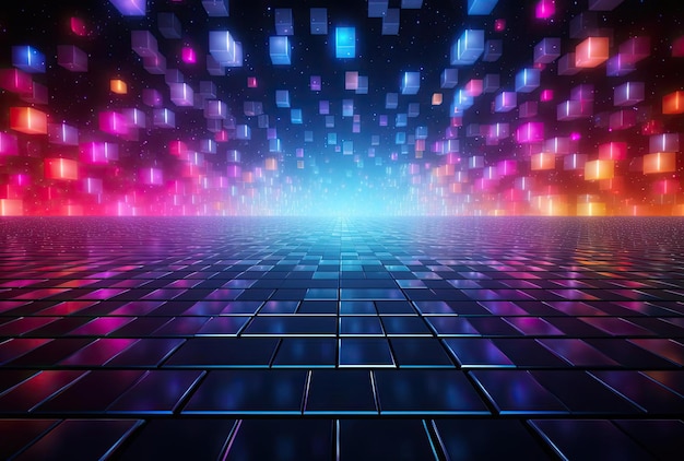 uno sfondo colorato con un pavimento da discoteca circondato da stelle nello stile retrocore