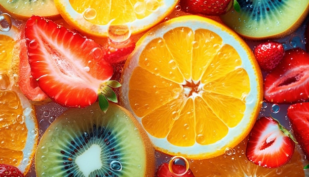 Uno sfondo colorato di frutta con l'immagine di un frutto