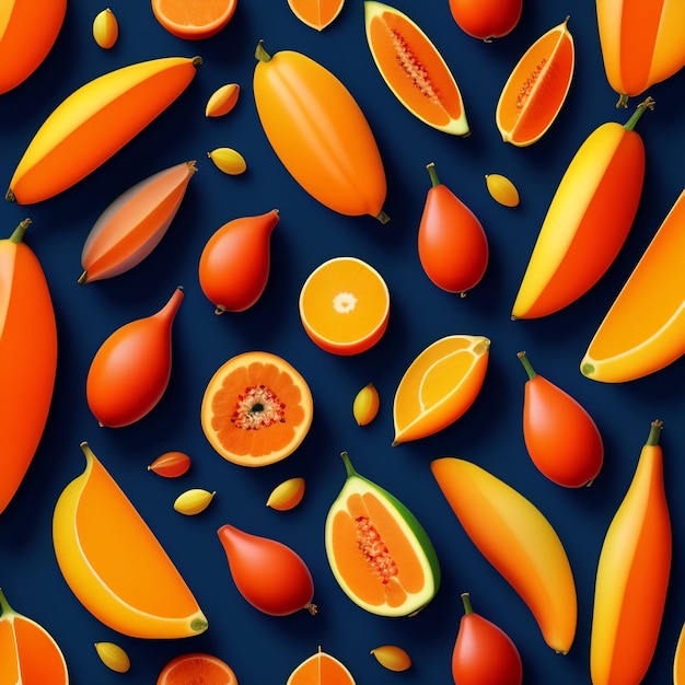 Uno sfondo con un mazzo di arance e mezza papaya.