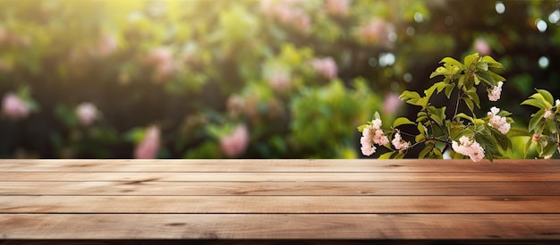 Uno sfondo da giardino all'aperto con un piano d'appoggio in legno che è vuoto e può essere utilizzato per il marketing