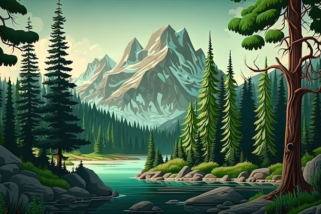 Uno sfondo di cartoni animati di montagne, fiumi e alberi generati dall'intelligenza artificiale