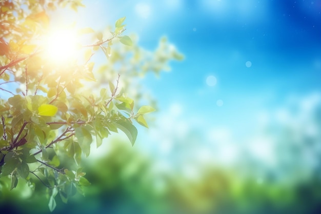 Uno sfondo di cielo soleggiato blu di primavera fresca con IA generativa di bagliore di sole caldo sfocato