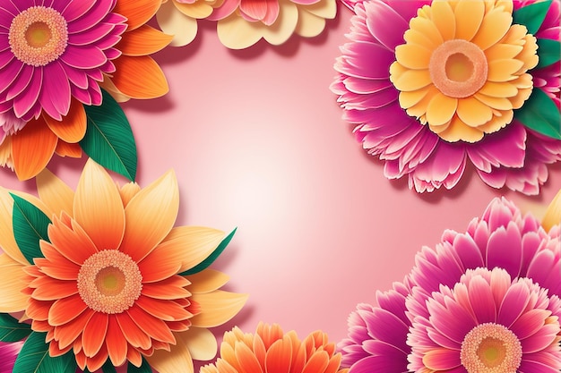 Uno sfondo di fiori colorati con uno sfondo rosa e un posto per il testo.