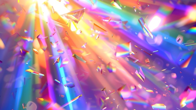 Uno sfondo di flare iridescente con una sovrapposizione trasparente Rifrazione in un ologramma arcobaleno luce da cristalli o prismi riflessi solari astratti su vetro con scintille