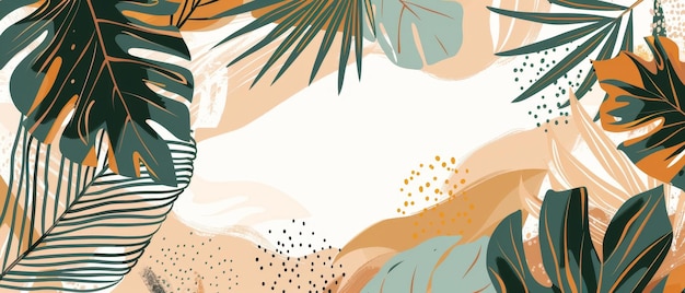 Uno sfondo di foglie tropicali moderno sotto forma di abstract jungle palm leaf hand drawn foliage design in toni terrestri può essere utilizzato per una decorazione di banner di copertina di stampa di tessuto o carta da parati