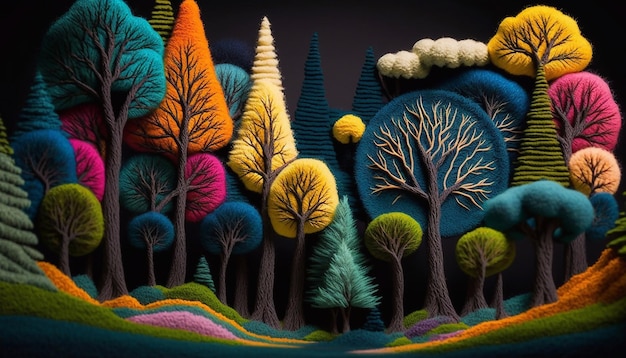 Uno sfondo di foresta di fate con alberi colorati creati dalla lana