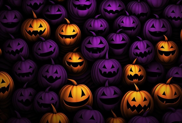uno sfondo di halloween con divertenti facce di zucca dei cartoni animati nello stile delle linee in grassetto