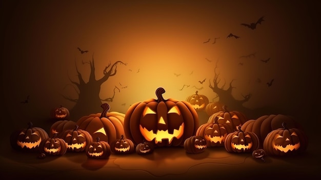 Uno sfondo di Halloween con zucche e pipistrelli.