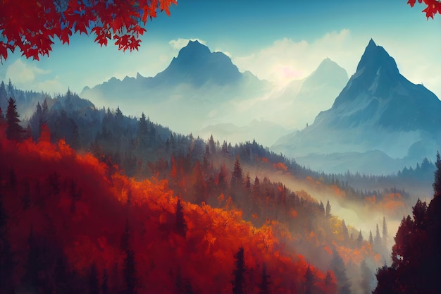 Uno sfondo di illustratore di montagna foresta autunnale