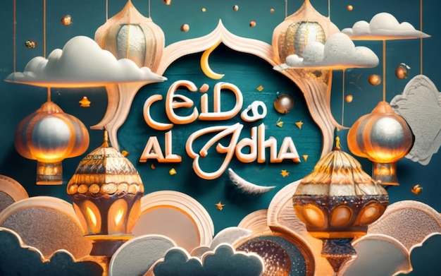 Uno sfondo di lanterne, luna e nuvole felice eid al adha