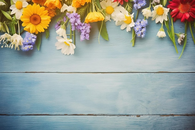 Uno sfondo di legno blu con fiori su di esso