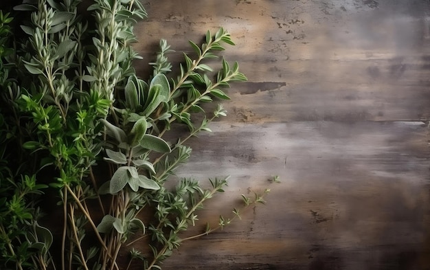 Uno sfondo di legno con foglie verdi e un ramo di olive.